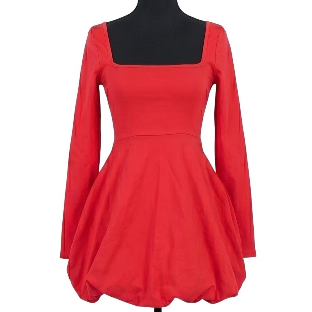 PrettyLittleThing Cherry Red Stretch Woven Long Sleeve Puffball Shift Dress Sz 6 - Picture 2 of 7